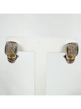 14Kt Yellow Gold Sterling Silver Square Cable Pave Diamond Omega Pierced Earring